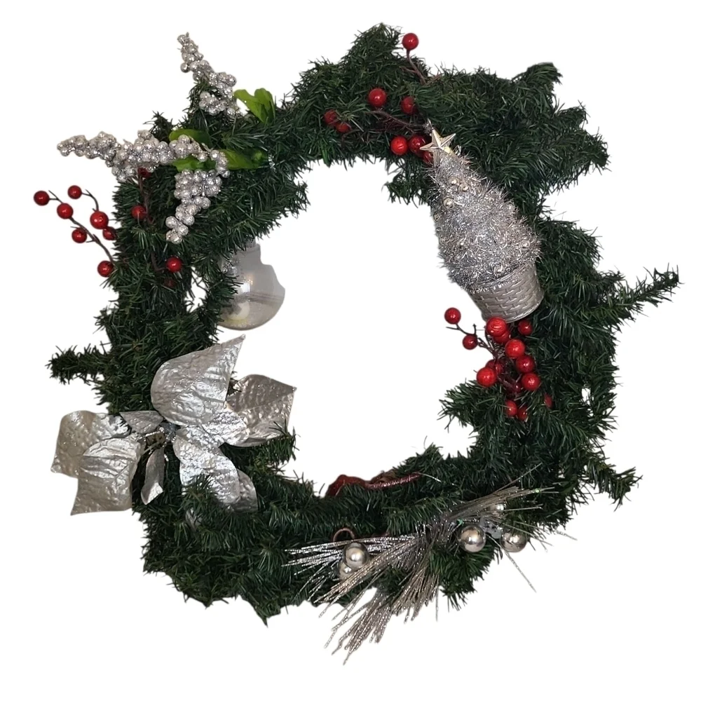 Festive Christmas Wreath with Silver Accents, Red Berries & Holiday Ornaments
